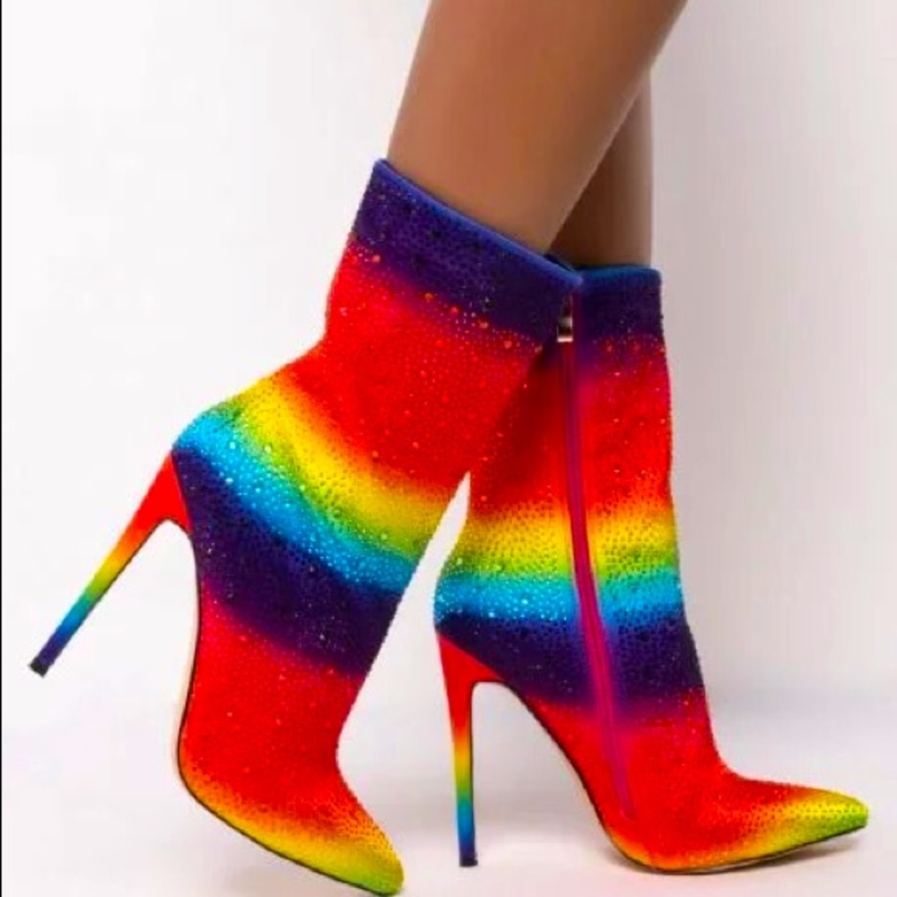 Azalea Wang Rhinestone Rainbow Embellished Satin Tall Slouchy High Heel Boot